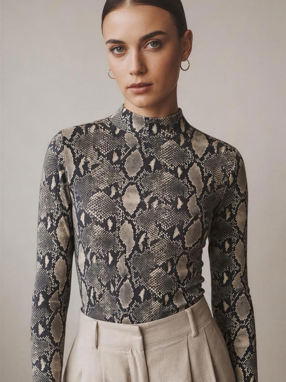Mock Neck Snake-Print Long Sleeve Top in Black and Cream